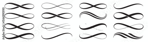 Infinity symbols collection, black infinity vector illustrations on white background. Perfect for logo design, branding, and mathematical representation. Various styles, from classic to artistic 
