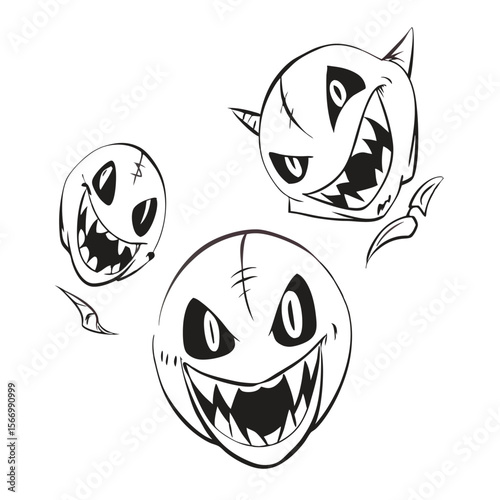 Black and white vector cartoon illustration of an angry fish face icon with a smile design