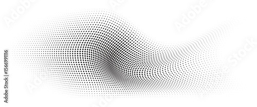 Flowing Wave Dot Halftone Pattern: Curve Gradient Shape on Transparent Background. Suitable for AI, Tech, Network, Digital, Science, and Technology Themes.