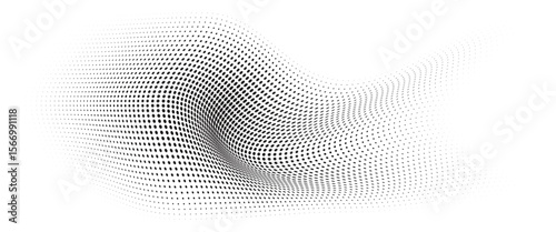 Flowing Wave Dot Halftone Pattern: Curve Gradient Shape on Transparent Background. Suitable for AI, Tech, Network, Digital, Science, and Technology Themes.