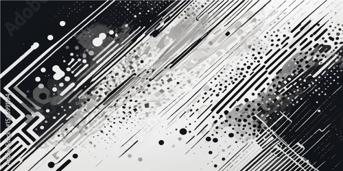 Musical notes seamlessly merge with an abstract black and white background, forming a digital circuit board pattern that evokes the essence of modern technology and electronic design