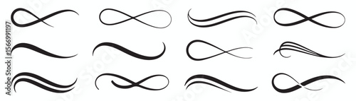 Infinity symbols collection, black infinity vector illustrations on white background. Perfect for logo design, branding, and mathematical representation. Various styles, from classic to artistic 
