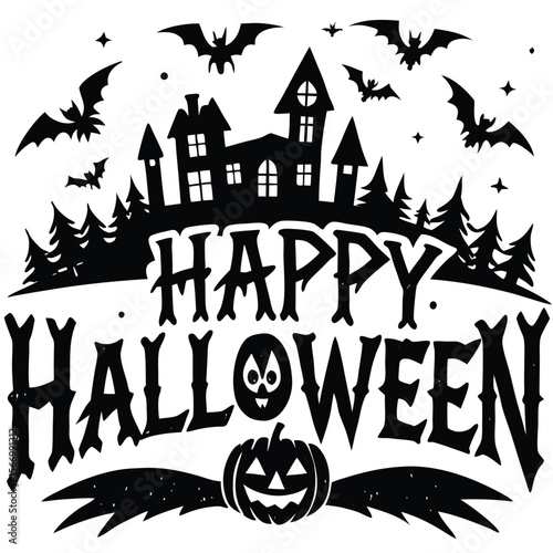 Spooky Halloween night vector set with haunted house, full moon, and flying bats silhouettes, perfect for a scary autumn holiday illustration