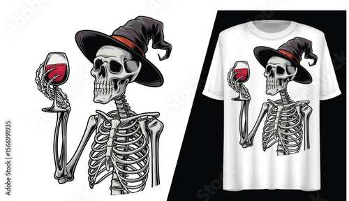 Halloween Gothic Skeleton Holding Wine Glass, Witch Hat,  T-Shirt Design. 