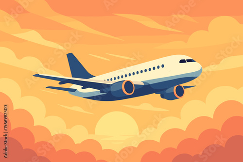 Airplane flying in the sky above the clouds at sunrise or sunset. Flat vector illustration of a passenger jet. Concept for travel, vacation, tourism, journey, and aviation.