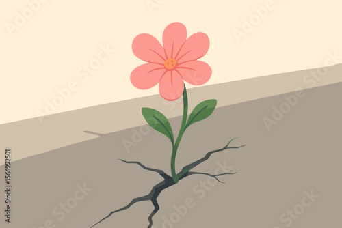 Flower growing through a crack in the concrete. Symbol of hope, resilience, strength, and new life. Concept of perseverance, overcoming adversity, and determination. Power of nature.