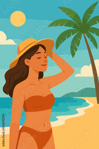 Woman relaxing on a tropical beach reading a book under an umbrella. Summer vacation, sunbathing and leisure concept. Modern flat cartoon vector illustration with copy space for text.
