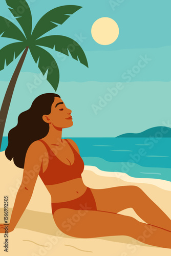 Woman relaxing on tropical beach for a summer vacation travel banner. Happy girl enjoying the sun on a paradise seaside. Modern flat vector cartoon illustration with copy space.