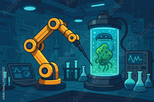Advanced science lab with a robotic arm conducting an experiment on a mysterious specimen. Biotechnology research, microbiology, and genetic engineering concept. Vector cartoon.