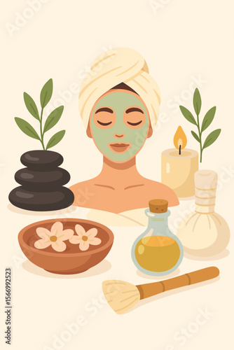 Spa relaxation and beauty treatment concept. Woman with a cosmetic clay facial mask for skincare. Wellness day with hot stones, aromatherapy oil, candle, and herbal compress.