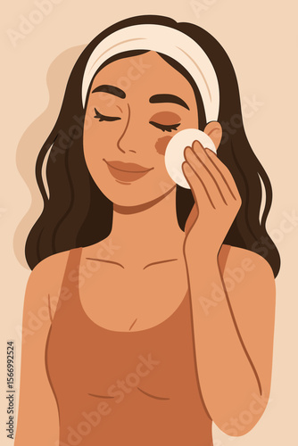 Woman removing makeup with cotton pad. Skincare routine and facial cleansing concept. Beauty, cosmetology, and dermatology vector illustration. Self-care and healthy skin hygiene.