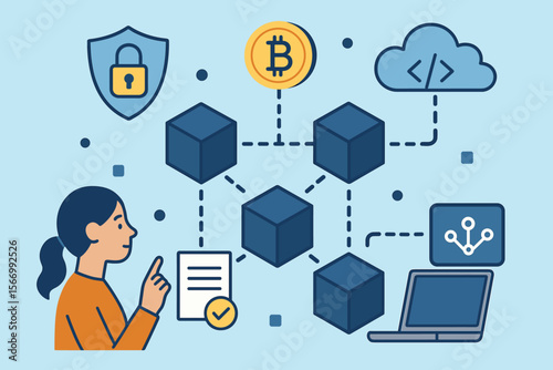 Blockchain technology network concept. Woman with a distributed ledger system. Vector illustration of bitcoin, crypto, smart contract, security, cloud computing, decentralized finance.