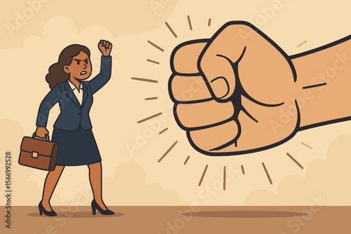 Concept of resistance to workplace harassment. Brave businesswoman fights back against a giant fist, symbolizing corporate bullying, sexism, abuse of power, and toxic work culture.