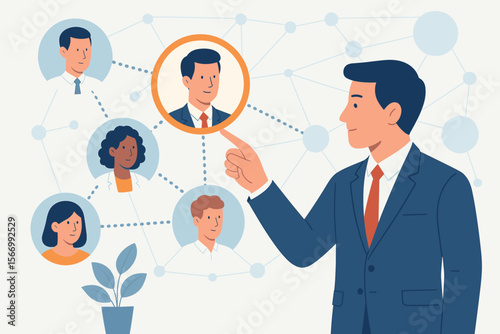 Human resources manager recruiting a new team leader. Businessman choosing a candidate from a professional network. Concept of hiring, staffing, and talent acquisition. CRM. Flat vector.