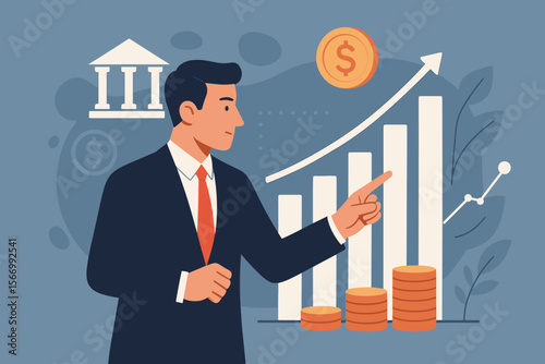 Businessman analyzing investment growth chart for business plan strategy. Manager pointing at rising bar graph showing profit. Banking, success, and wealth management concept.