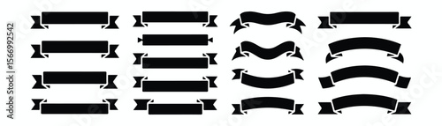 Black banner, ribbon silhouette vector set. Perfect for title, decoration, design. Editable, customizable. Bold shapes, modern to vintage styles. Straight edged, curved, waved designs