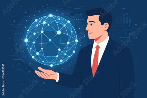 Businessman holding a glowing global network sphere. Concept of global business, big data analytics, internet technology, and digital connection. Cyberspace and future innovation.