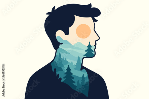 Mental health concept. Double exposure silhouette of man head. Nature landscape with mountains and forest inside. Psychology. Inner world peace. Harmony. Mindfulness meditation.