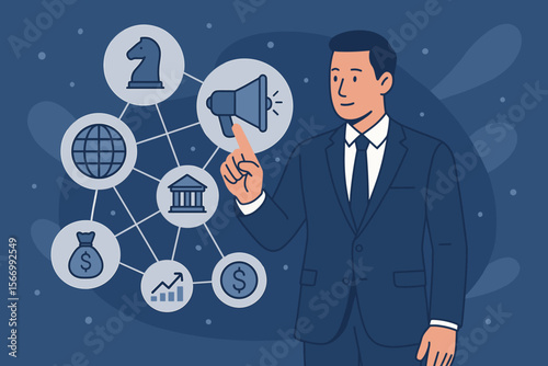 Businessman managing a global business network. Concept for digital marketing, financial planning, investment strategy, banking, and stock market analysis. Corporate success.