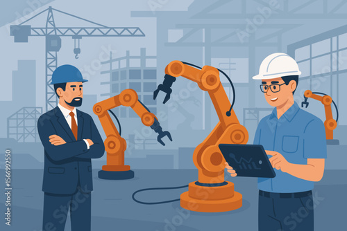Robotics engineer using a tablet to control industrial robot arms in a smart factory. Manager overseeing automation process at a future construction site. Industry 4.0 concept.