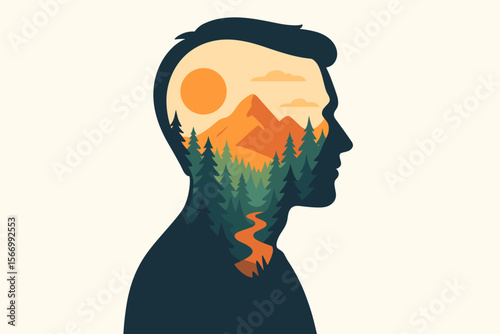 Man's head silhouette with double exposure nature landscape. Concept for mental health, psychology, mindfulness, inner peace, and calm mind. Vector illustration of mountains and forest.