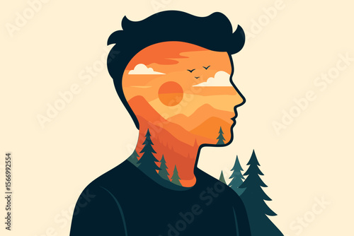 Double exposure illustration of a man's head silhouette with a mountain forest landscape. Metaphor for mental health, inner peace, harmony with nature, psychology, and mindfulness.
