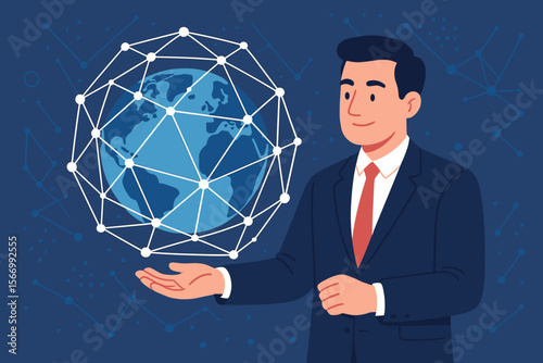 Businessman holding global network structure and data. International business connection concept. Internet technology, digital communication, and big data analytics in cyberspace.