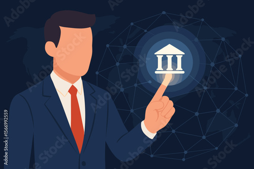 Businessman touching bank icon on a global network connection. Concept for online banking, finance technology, fintech, digital business, and global investment on a virtual screen.