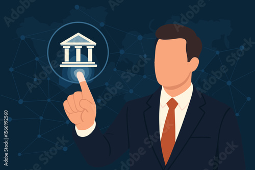 Businessman touching virtual bank icon on a futuristic interface. Online banking, global finance, and financial technology concept. Digital payment, investment, and fintech vector.
