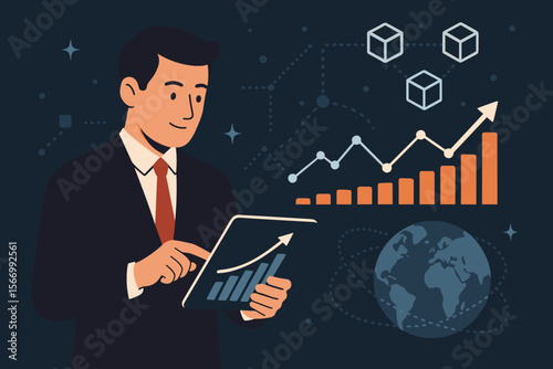 Businessman analyzing sales data and economic growth graph on a tablet. Global network, blockchain technology, and financial analytics for business success. Modern flat vector cartoon.
