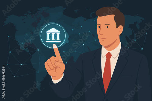 Businessman touching bank icon on a virtual screen. Global network connection over world map background. Concept of online banking, fintech, investment, and digital finance.