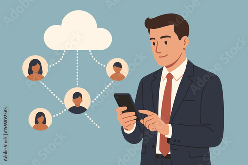 Businessman using mobile smartphone for cloud computing service. Concept of customer network connection and CRM. Man managing user data and digital communication. Modern flat vector illustration.