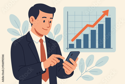 Businessman analyzing sales data on a smartphone with a business growth graph chart. Concept of financial success, investment report, stock market analytics, profit. Flat vector illustration.