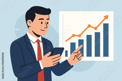 Businessman using smartphone for data analysis. Manager checking business growth chart and sales report. Financial success, investment profit, and market strategy concept. Vector flat illustration.