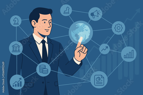 Businessman touching a global business network on a virtual interface. Concept for digital marketing, financial strategy, banking, investment, stock market, and data analysis.