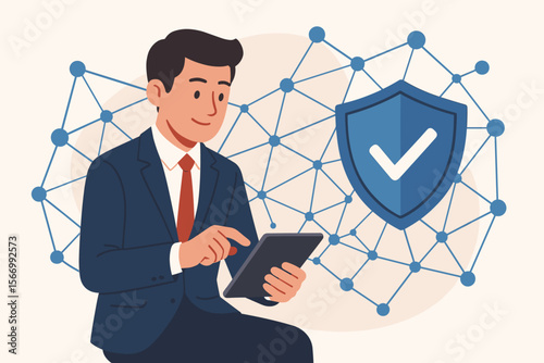 Businessman using tablet to set up secure network connection. Shield guard protecting data from cyber attacks. Internet security, privacy, and technology concept. Vector cartoon.