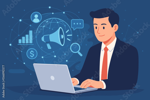 Businessman at laptop working on digital marketing strategy. Virtual hologram interface with icons for global network connection, data science, SEO, and business analytics.