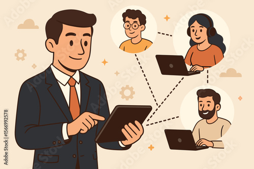 Businessman leader managing a remote freelance team with a tablet. Concept illustration for virtual meetings, online collaboration, project management, outsourcing, and teamwork.