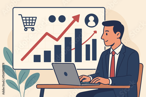 Businessman using laptop for data analysis of customer shopping behavior. Manager looking at economic growth graph chart. E-commerce sales report and business strategy concept.