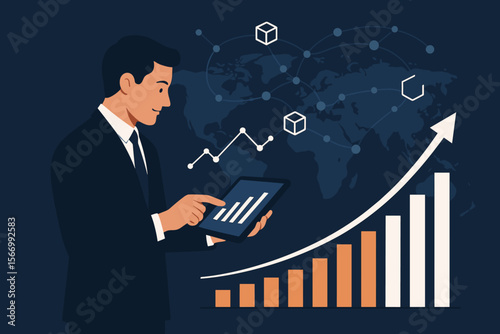 Businessman using tablet analyzing sales data, economic growth graph, and blockchain technology on global network background. Modern flat vector cartoon illustration.