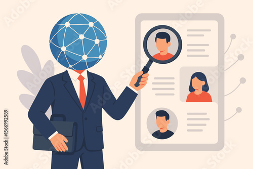 Businessman with global network head looking for employee. HR manager searching for a candidate. Concept of recruitment, hiring, human resources, talent acquisition. Flat vector illustration.