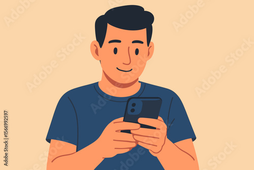 Young man using mobile smart phone for texting or social media. Happy guy looking at screen and smiling. Modern lifestyle, communication technology concept. Flat vector character illustration.