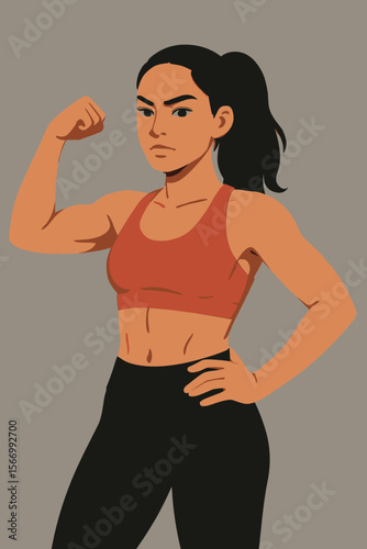 Strong fitness woman flexing bicep muscle. Girl power and female empowerment concept. Determined athletic character showing strength. Gym workout, healthy lifestyle vector.