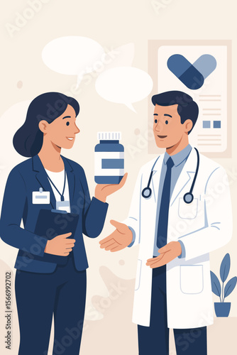 Pharmaceutical representative in conversation with a doctor. Medical sales rep presenting new medicine to a physician. Healthcare professional consultation about drugs and treatment.