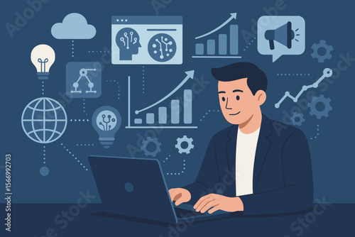 Digital online marketing concept. Businessman using laptop for data science analysis and business growth strategy. Virtual interface with AI, algorithm, and development icons.