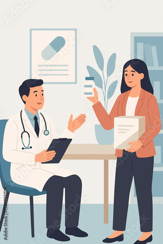 Pharmaceutical representative presenting new medicine to a doctor in a clinic. Medical sales rep showing drugs and pills. Flat vector cartoon illustration of a professional meeting.