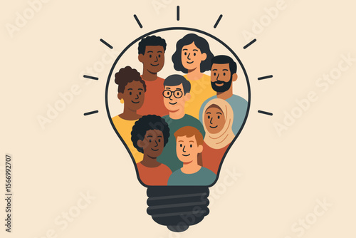 Diverse group of people in a light bulb. Concept of teamwork, collaboration, creativity, innovation. Multicultural team brainstorming ideas. Metaphor for diversity, inclusion, synergy.