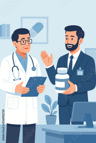 Pharmaceutical representative meeting with a doctor. Medical sales rep presenting a new drug in a bottle. Healthcare business and pharma promotion concept. Flat vector illustration.