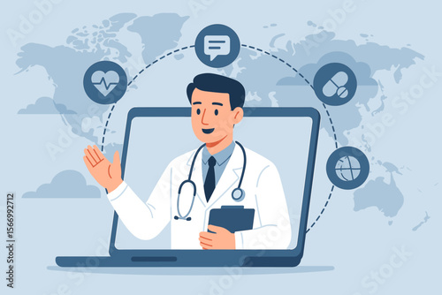 Doctor online providing virtual consultation from a laptop. Telemedicine, telehealth and remote healthcare concept. Professional medic giving support on a global network. Digital health.