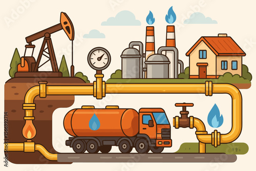 Energy industry supply chain vector illustration. Natural gas and oil extraction with pump jack, transport via pipeline and tanker truck to factory and residential home. Fossil fuel concept.